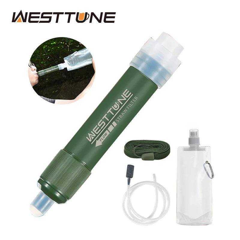 Westtune Outdoor Mini Camping Purification Water Filter Straw TUP Carbon Fiber Water Bag for Survival or Emergency Supplies
