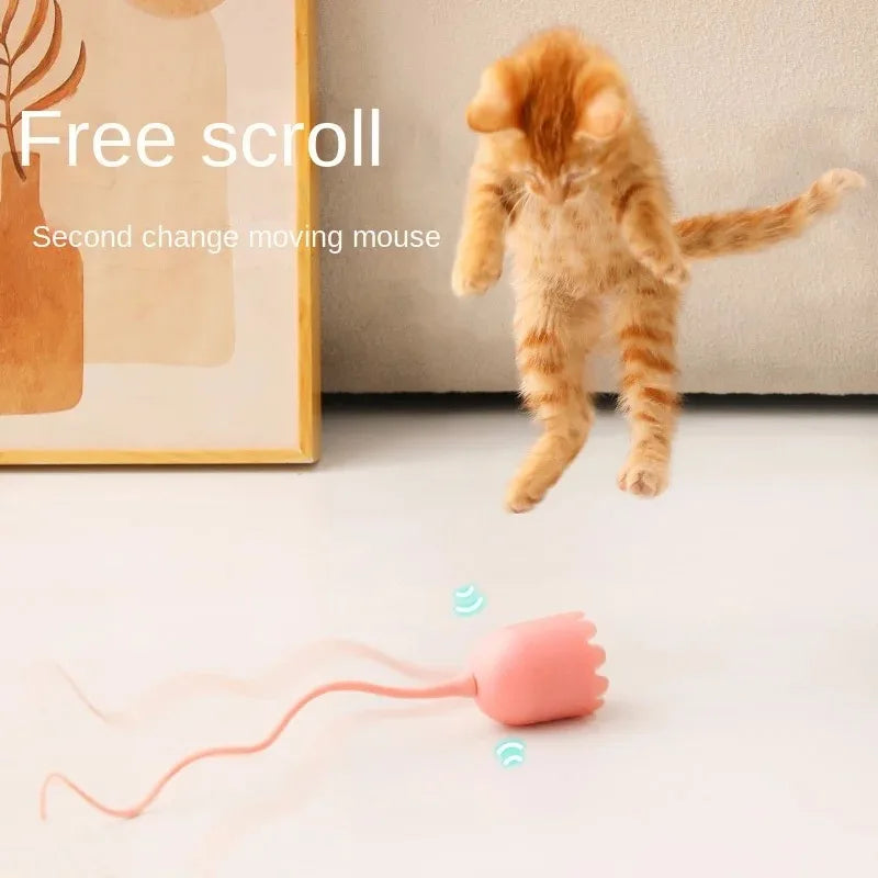 Intelligent Interactive Cat Toy USB Electric Rolling Ball Toy Cat Pet Silicone Rotating Imitation Mouse Tail Kitten Tease Stick