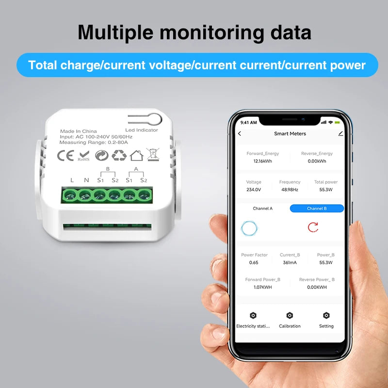 Tuya Smart Life WiFi Energy Meter 80A Bidirectional 2 Channel with Clamp App Monitor Solar Export and Import Power AC110V/240V