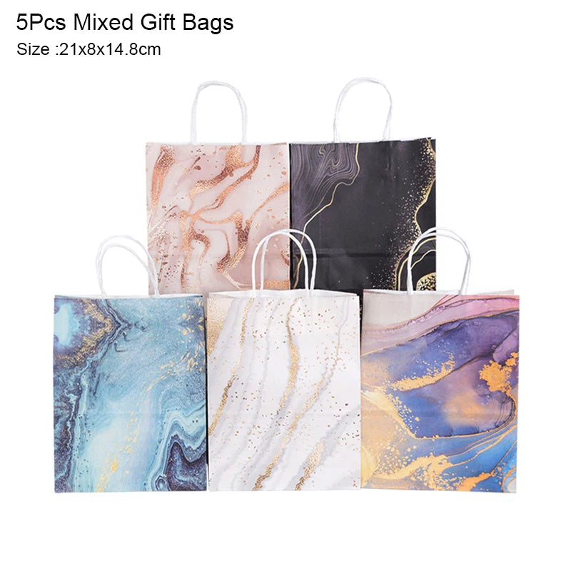 5Pcs Rose Gold Marble Paper Gift Bag Wedding Favor Gift Kraft Paper Shopping Packing Bags For Birthday Baby Shower Party Supply