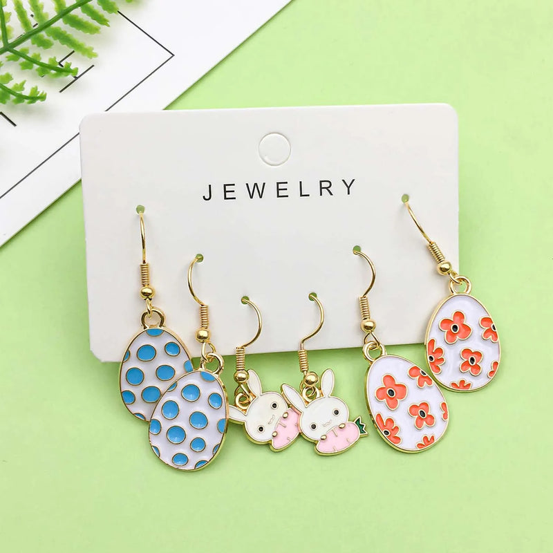 3 Pairs/Set Alloy Enamel Easter Egg Cute Cartoon Rabbit Design Earrings - Perfect Holiday Jewelry Gift