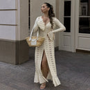 Elegant Knitted Hollow Out Long Dress Women Beach Ruffle Single-breasted Flare Sleeve Cardigan Robe Female Fashion Solid Dresses