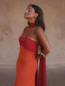 Fashion Women Color Blocking Scarf Collar Sling Dress Sexy Split Waist Cinching Bodycon Maxi Gowns 2026 Lady Club Party Vestidos