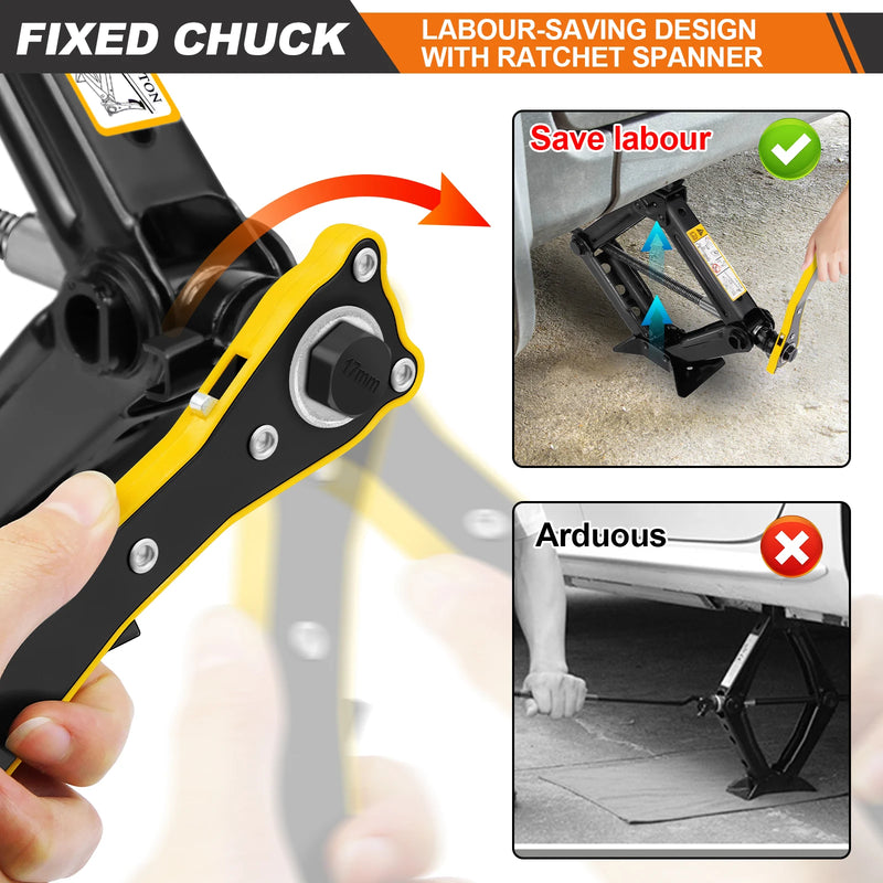 Scissor Jack, 2 Tons Automotive Car Tyre Repair Changing Lifting Tool with Hexagonal Lug Labor-Saving Wrench, 105mm to 385mm