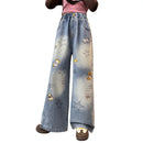 Girls Jeans Spring Autumn Cartoon Wide Leg Jeans for Teenage Kids Heavy Embroidery Star Loose Straight Leg Trousers for Children