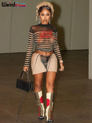 Weird Puss Letter Print Striped Women Crop Tops Sexy Mesh Fashion o-Neck Long Sleeve t-Shirt Wild Hipster Streetwear Skinny Tees