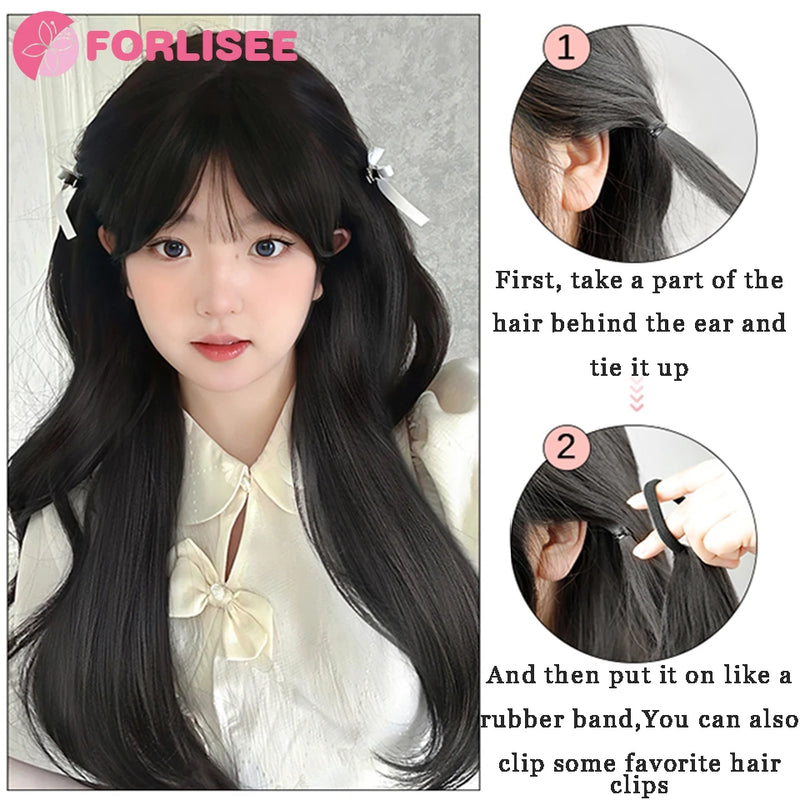 Synthetic Long Hair And Dropped Ear Rabbit Style Double Horsetail Girl Fluffy And Binding Hair Wig Piece Double Horsetail