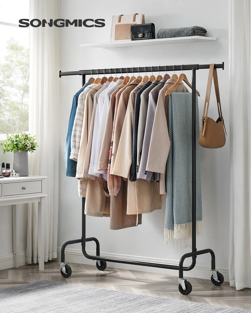 SONGMICS Clothes Rack on Wheels, Heavy-Duty Clothes Rail, with Extendable Hanging Rail, 136 kg Load Capacity
