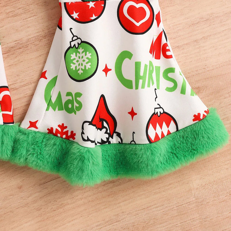 1-6Y Christmas Baby Girls Clothes Green Solid Long Sleeve Tops Christmas print Plush selvedge Flared Pants with headband sets