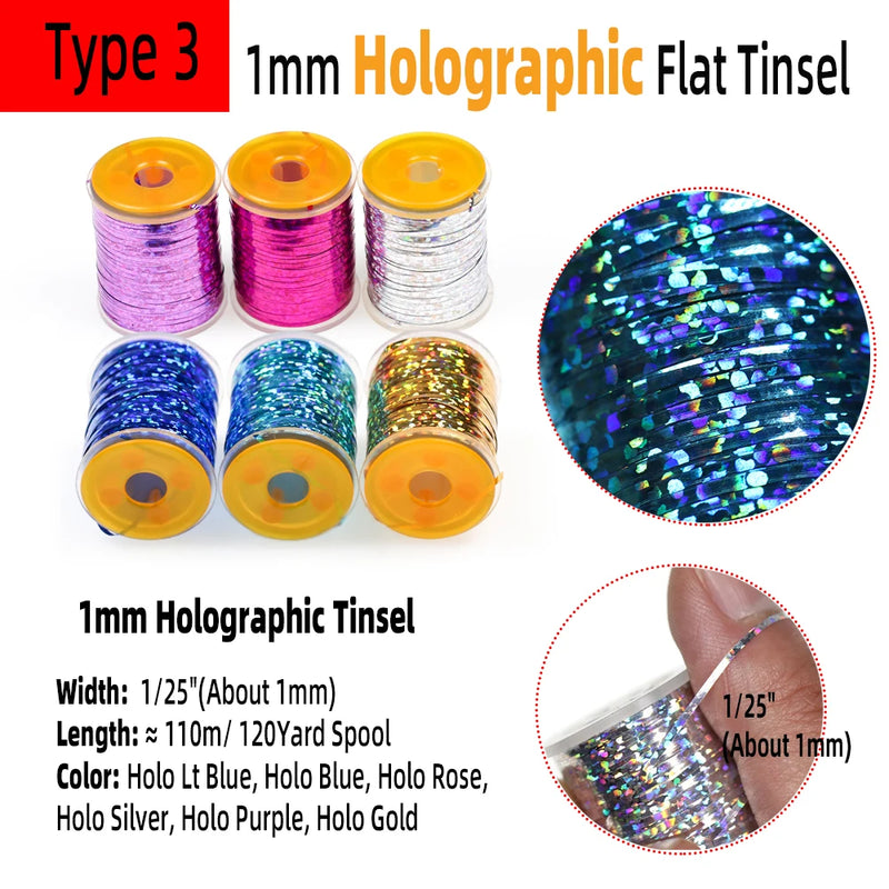 Wifreo 0.3mm/1mm Holographic Tinsel Fly Tying Flat Mylar Tinsel Flash Tape Material for Streamer Flashback Nymphs