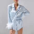 Women 2PCS Pajamas Patchwork Feather Cuffs Solid Color Long Sleeve Lapel Button Shirt with Short Pants Loose Loungewear Outfits