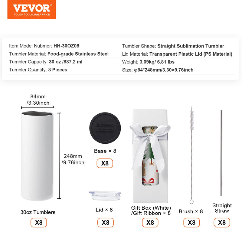 SucceBuy 8/12/14/16/24/50PC Straight Sublimation Tumblers Blank Tumbler Bulk Stainless Steel Double Tumbler Cups Heat Transfer