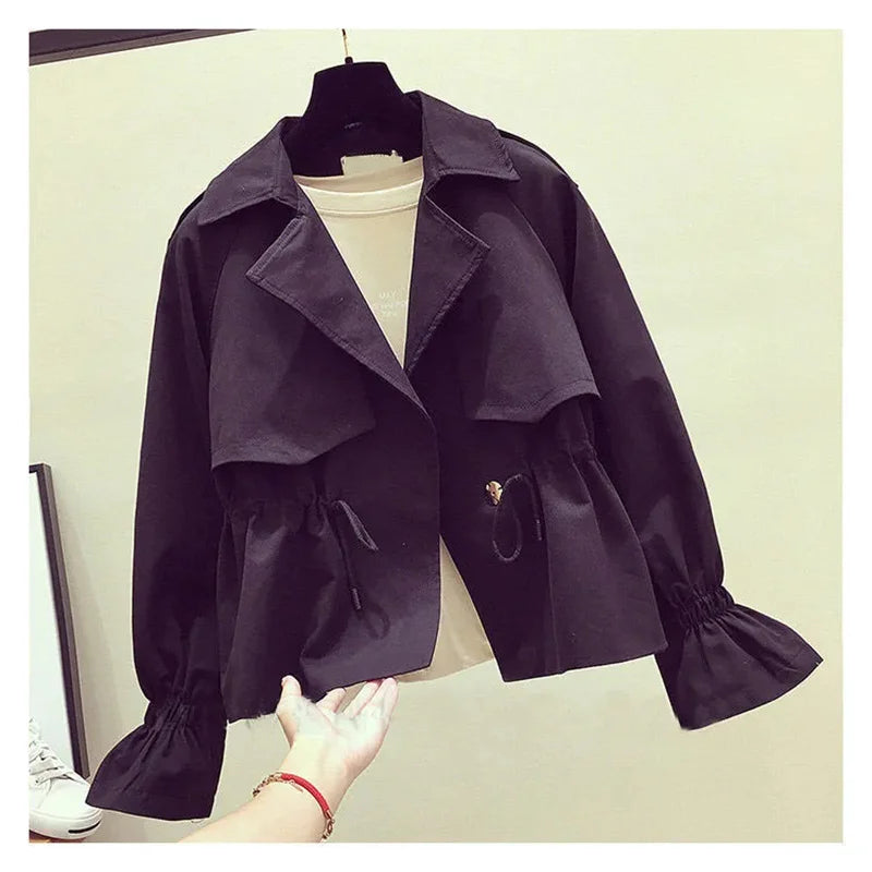 Women's Short Jacket 2025 Spring Autumn New Korean Fashion Loose Waist Slim Windbreaker Coat Solid Female Outwear Tops