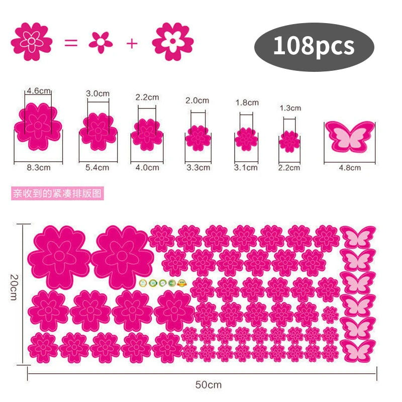 108pcs Flowers DIY Wall Decals for Kids Rooms Baby Bedroom Wall Stickers Living Room  Art Decals Home Decoration Furniture Stick