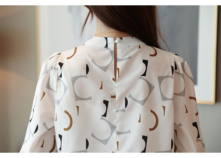Korean Fashion Clothing Casual Long Sleeve Chiffon Blouse Women Print O-neck Blouse white black autumn tops 6053 50
