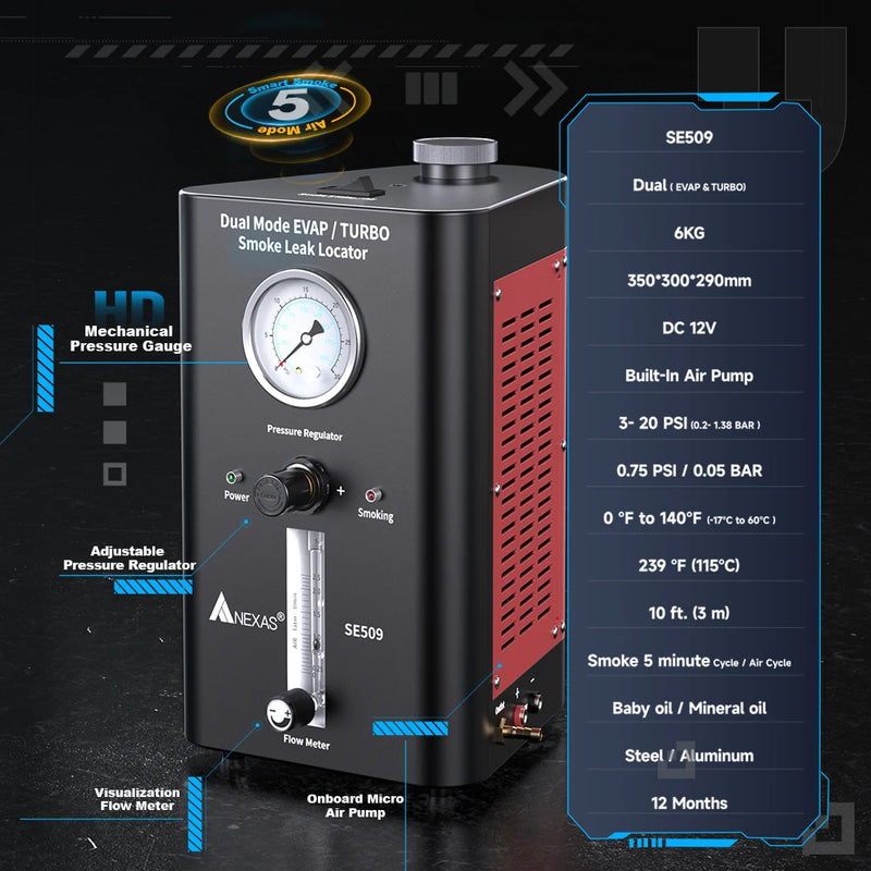 NEXAS SE509 Smoke Machine Automotive with Built-in 2 Air Pump Pressure Regulator Dual Mode EVAP Turbo Automotive Smoke Leak