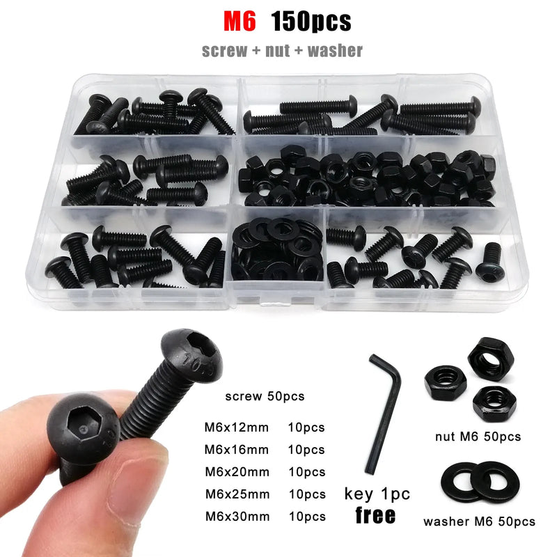 M1.6 M2 M2.5 M3 M4 M5 M6 M8 Black Grade 10.9 Steel Allen Hexagon Hex Socket Button Round Head Screw Bolt Nut Washer Kit Set Box