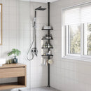 85-305 cm height adjustable shower rack with 4 trays bathroom shelf, shower corner no drilling necessary, white/black
