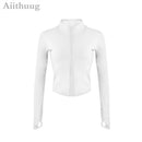 Aiithuug Women Full Zip-up Yoga Top Workout Running Jackets with Thumb Holes Stretchy Fitted Long Sleeve Crop Tops Activewear