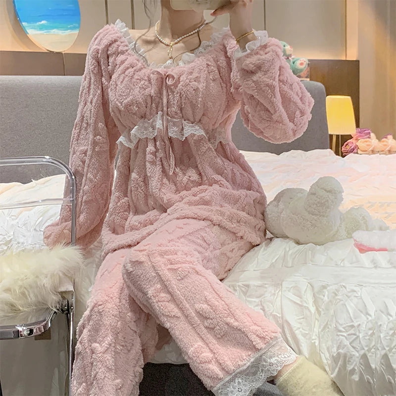 Winter New Plush Soft Warm Women's Pajamas Lace V-neck Long Sleeve 2 Piece Outfit Set Women Sweet Solid Color Princess Home Wear