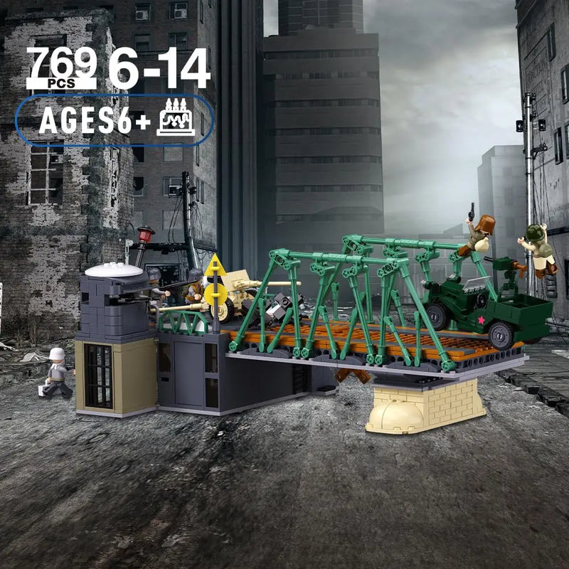 769PCS WW2 Battle Of Budapest Bridge Scene Building Blocks Classic War View Model Bricks Set With Figures Children DIY Toy Gift