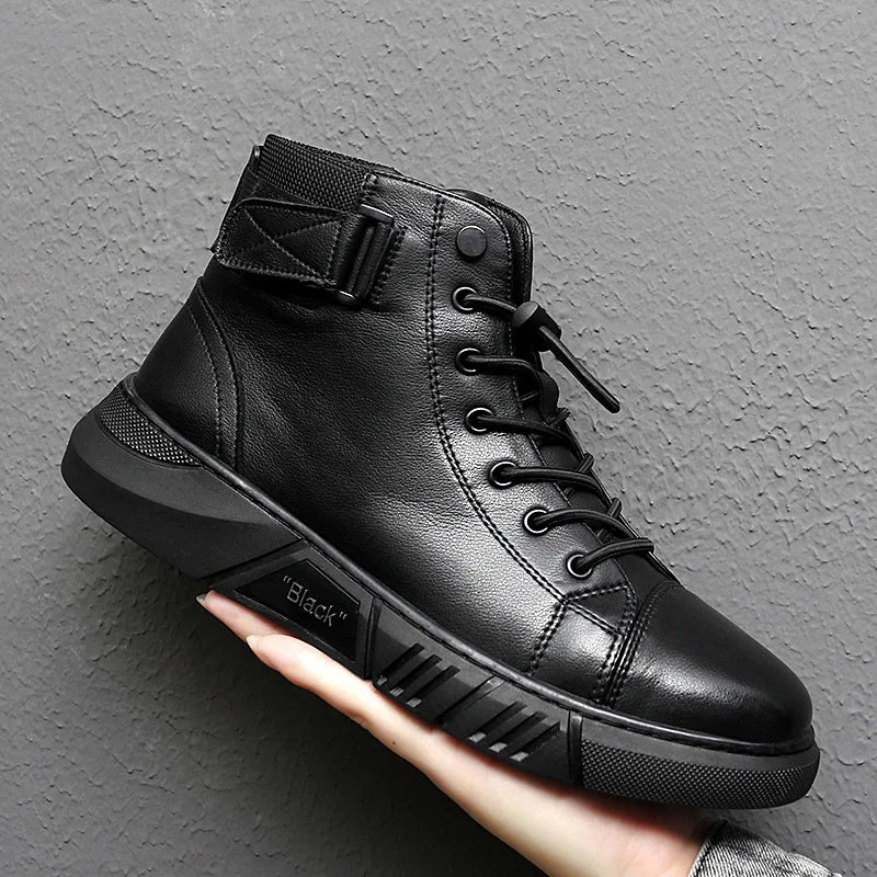 Ankle Boots Black PU Leather Men Shoes Autumn Winter Comfortable High-top Casual Shoes 2022 Fashion Leahter Platform Boots Man