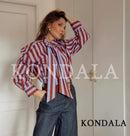 KONDALA Women Casual Trendy Striped Bow Shirt Single Breasted Shirt Fashion 2026 Spring Summer Holiday High Street Lady Shirt