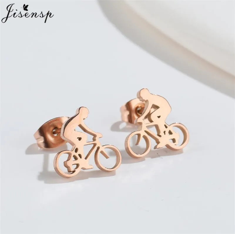 Jisensp Tiny Bike Bicycle Earrings for Women Fashion Silver Color Fitness Sport Stud Earrings Piercing Ear Jewelry Gift Friends