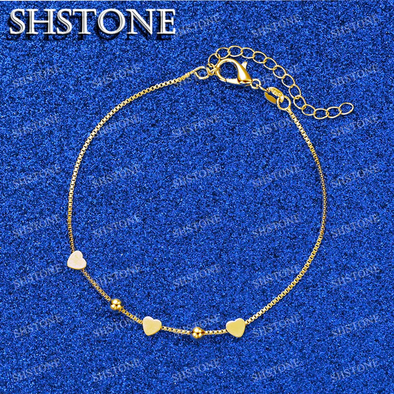 SHSTONE 18K Gold Solid Heart Beads Bracelet For Woman Fashion Charm Jewelry Lady Cute Hand Chain Wedding Bangles Birthday Gifts