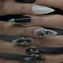Black Cool Fake Nails Halloween Bat Press on Nails Almond Decorated Nail Tips Rivet Bow False Nails 24pcs Reusable Acrylic Nails