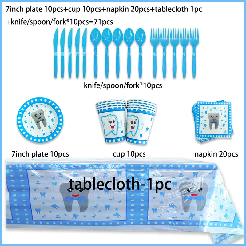 My First Tooth Blue Theme Party Disposable Tableware Stes Boy Girl First Tooth Birthday Party Decor Cups Plates  Napkins Banners