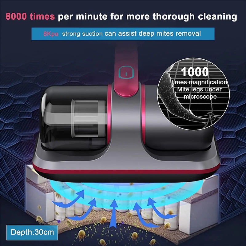 Upgrated Cordless Bed Vacuum Cleaner Anti-allergen Handheld Mattress Dust Suction Remover with UV-C Light High Flapping Function