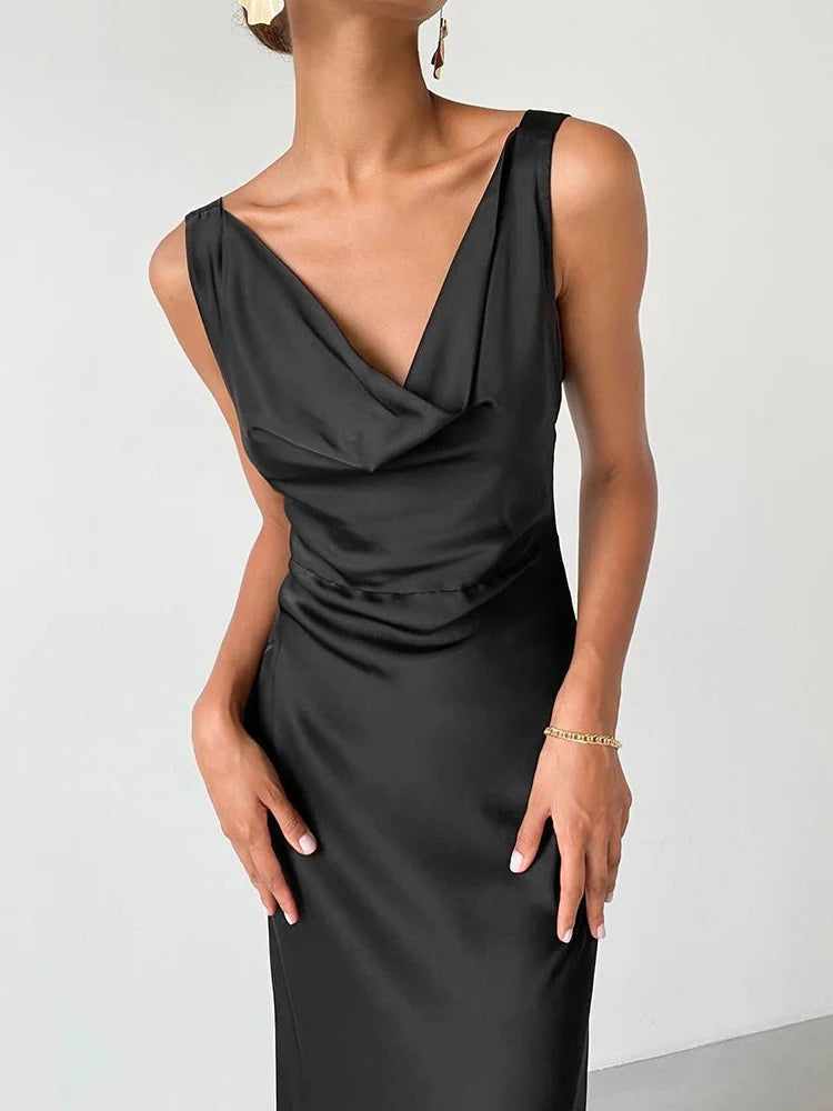 Mnealways18 Draped V-Neck Classy Evening Long Dress Women Black Satin Formal Dress Sleeveless Floor-Length Sexy Bodycon Dresses
