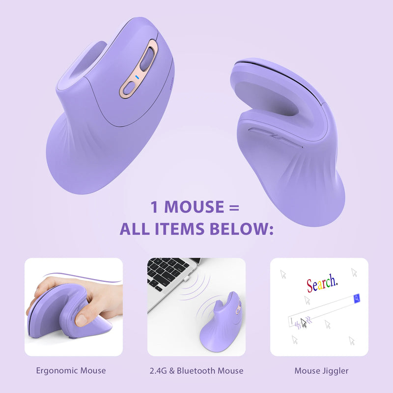 Seenda Rechargeable 2.4g Wireless Mouse Jiggler Ergonomic Vertical Bluetooth Mice for Computer Laptop Notebook PC Purple