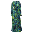 Women'S Temperament V-Neck Backless Dresses Summer Boho Green Leaf Print Maxi Dress For Beach Elegant Pleated Sundress Vestidos