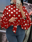 Women Polka Dot Blouses Tops Black Sashes Long Puff Sleeves White Red Big Size XXXL Ladies Fashion Casual Spring Summer Bluas