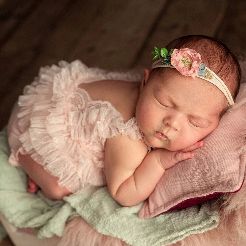 Ylsteed Pink Gray Newborn Lace Romper Photography Outfits  Baby Girl Photo Shooting Clothes