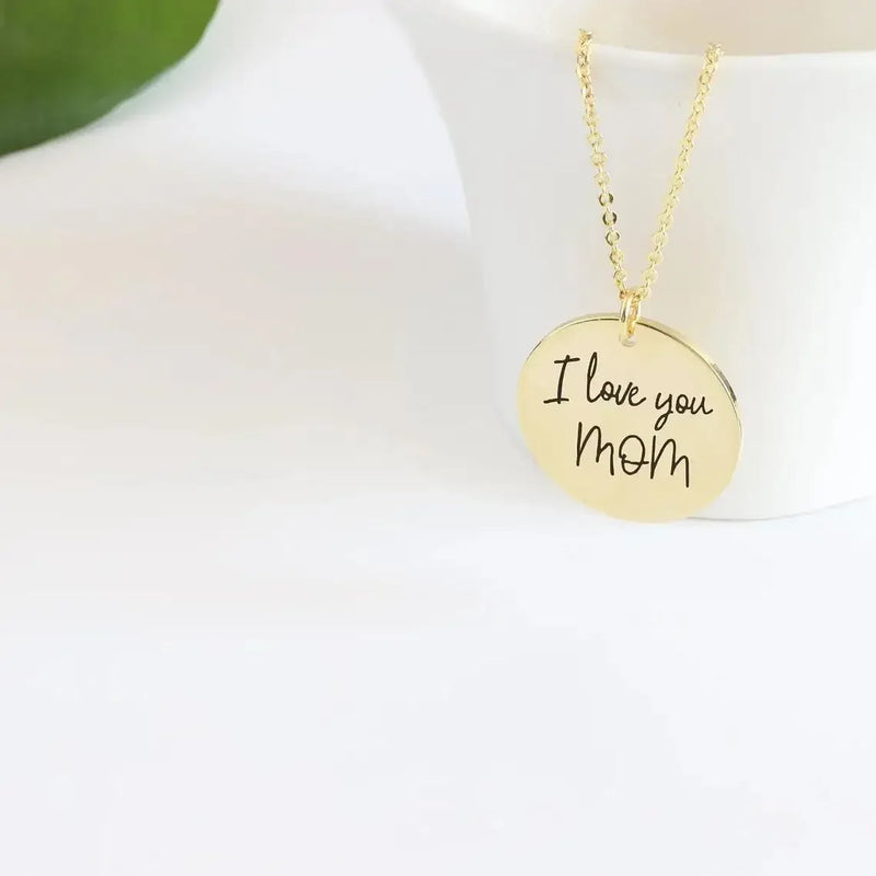 Actual Handwriting Custom Engraved Stainless Steel Round Pendant Necklace Personalization Memorial Signature Gift for Lovers