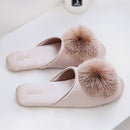 House Elegant Tassel Hairball Women Slippers Comfortable Cloth Chic Ladies Flat Shoes Spring Luxury Champagne Women Slides