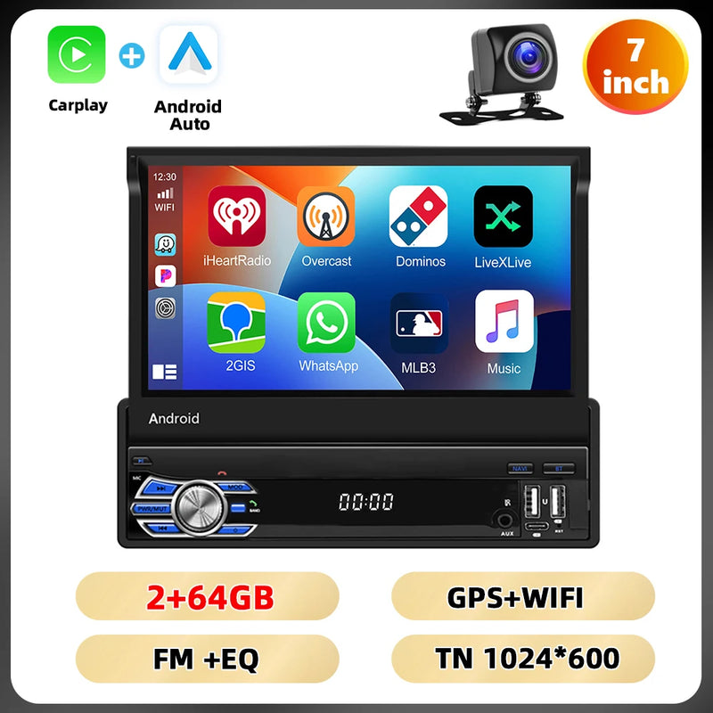 Podofo 4Core 1Din Android Car Stereo 7 ''Retractable Screen Car Radio Carplay Android 2 + 64G Mirror Link GPS WIFI Car Audio