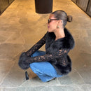 Sexy Lace Patchwork Women's Fur Coat V-Neck Full Sleeve Waist-Closed Lady Coats 2026 Autumn Winter Chic Female Streetwear