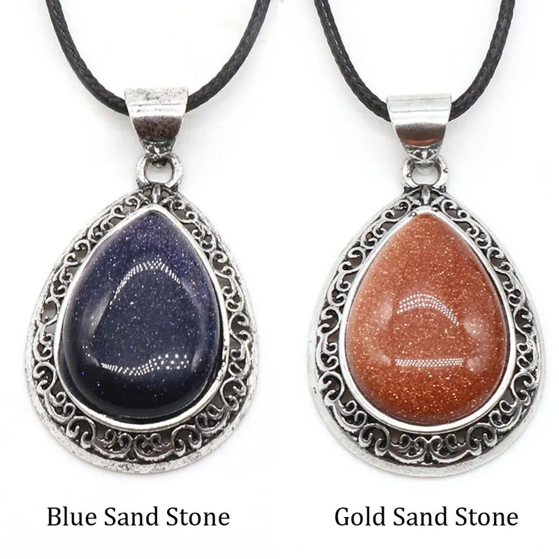 2pcs/Set 39x27mm Natural Stone Crystal Water Drops Pendant Alloy Electroplate Tiger Eye Amethyst Quartz Abalone Bebey Necklace