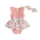 Toddler Girls Floral Print Romper Dress with Lace Ruffles and Matching Headband for Easter Celebration and Photoshoots