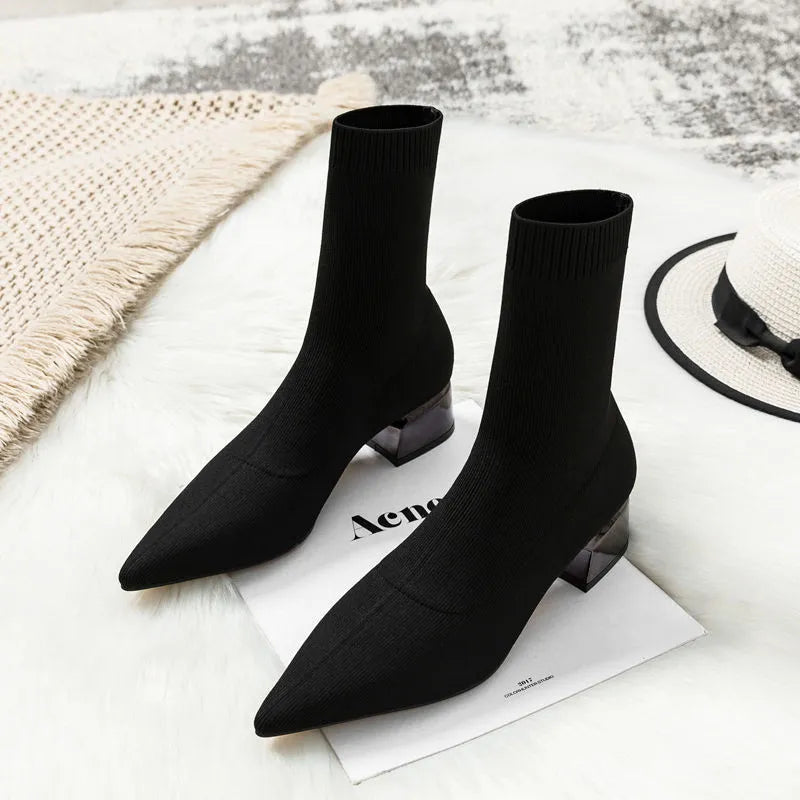 Comemore Women's Dress Pointed Mid-heeled Short Ankle Boot Female Autumn 2023 2024 Knitted Block Low Heel High Socks Boots Shoes