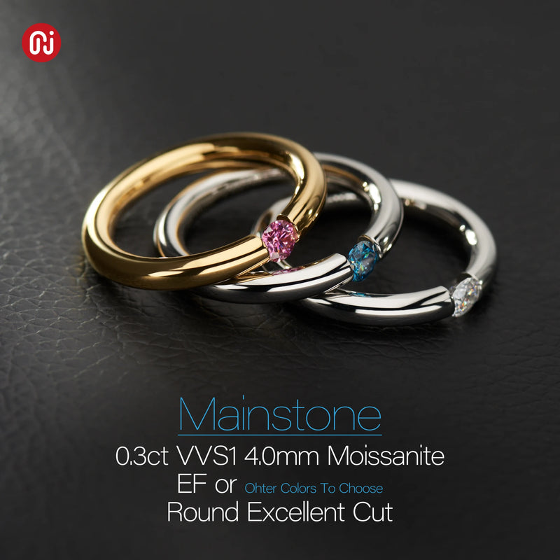 GIGAJEWE Moissanite 0.3ct 4mm Round Cut Nova Blue/Pink White Titanium Steel Ring Diamond Test Passed Fashion Claw Setting Gift