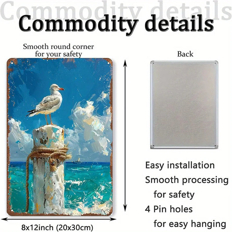 8x12 Inch Metal Sign - Coastal Seagull & Pier Wall Art, Distressed Finish, Rustic Nautical Decor for Home, Cafe, Beach House