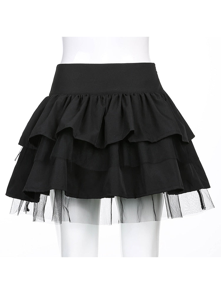 Sweetown Black Punk Goth Pleated Skirts Womens Cross Lace-Up Korean Fashion Streetwear Dark Academia High Waist Mini Skirt