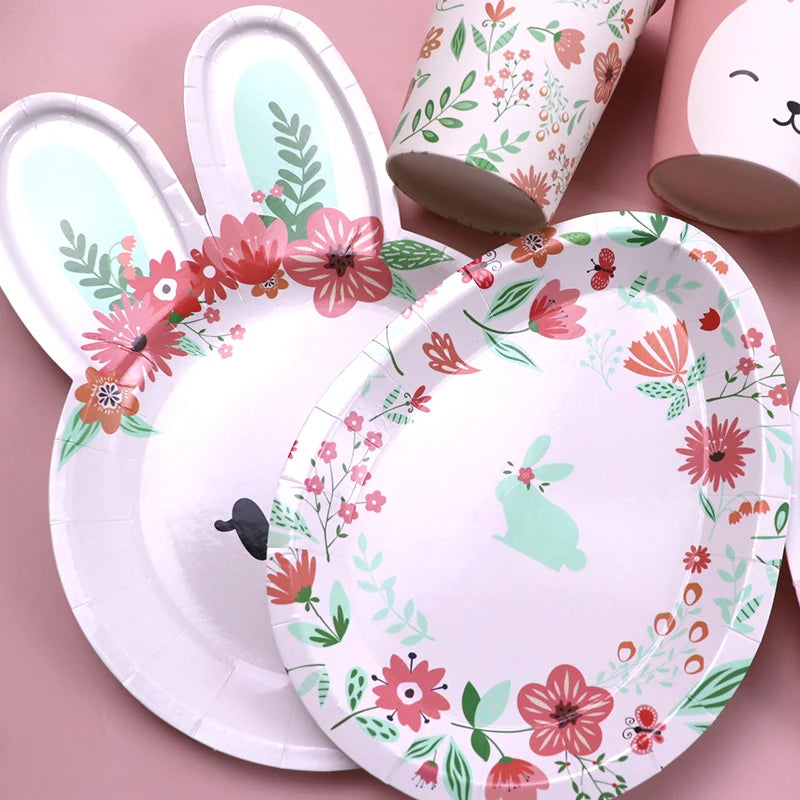 8pcs Easter Bunny Egg Paper Plates Rabbit Ear Shape Cups Happy Easter Party Tableware Birthday Party Baby Shower Decor Supplies