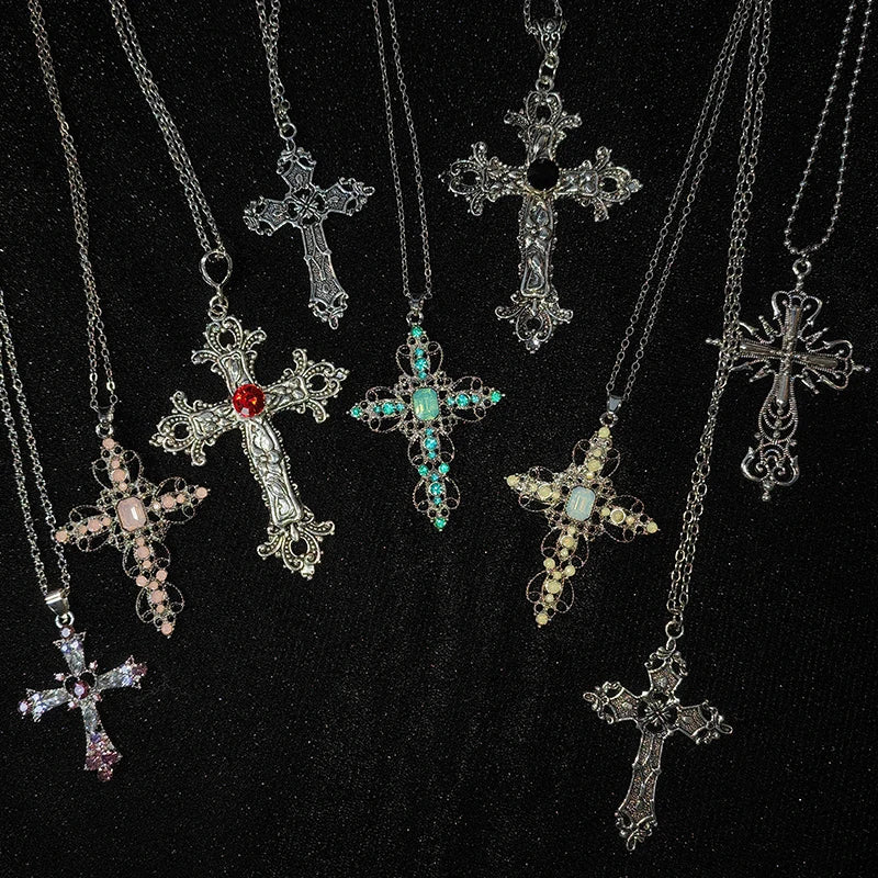 Gothic Big Zircon Cross Necklace Unisex Y2K Irregular Goth Large Cross Pendant Necklaces  for Men Women Couple Necklace Jewelry