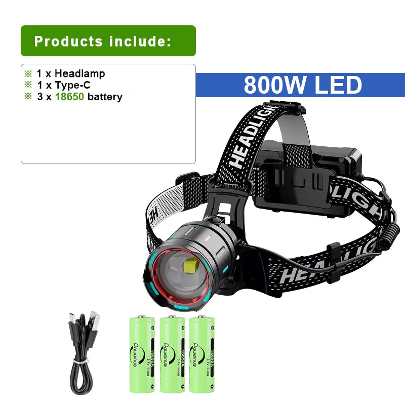 Upgrade 1000000LM Powerful 800W LED Headlamp Rechargeable Head Flashlight Digitals Display Headlamp Fishing Camping Head Lantern